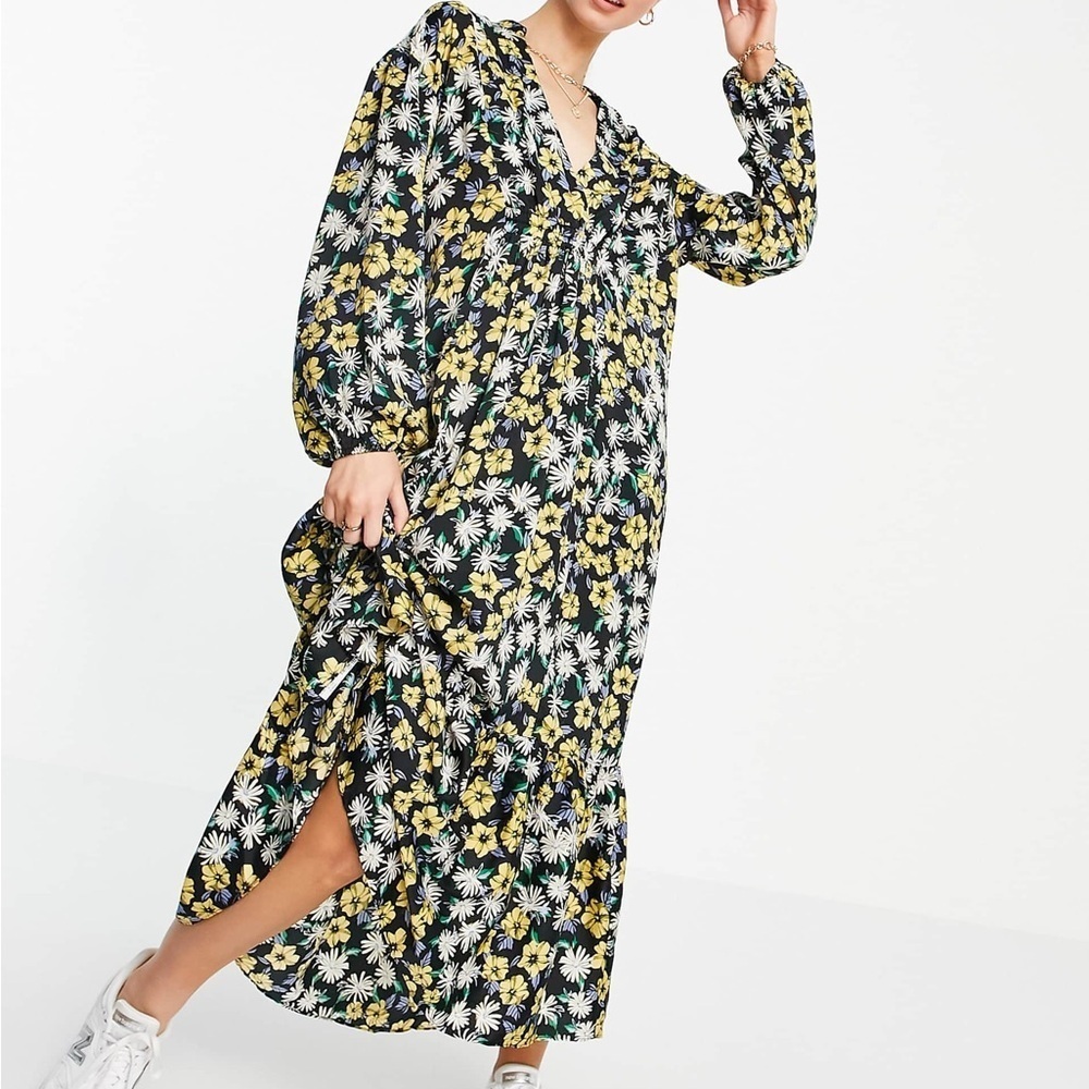 Mango Black Yellow Long Sleeve Dress Medium